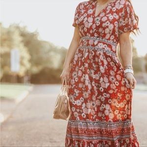 Knox Rose Red Floral Ruffle Sleeve MIDI Dress L